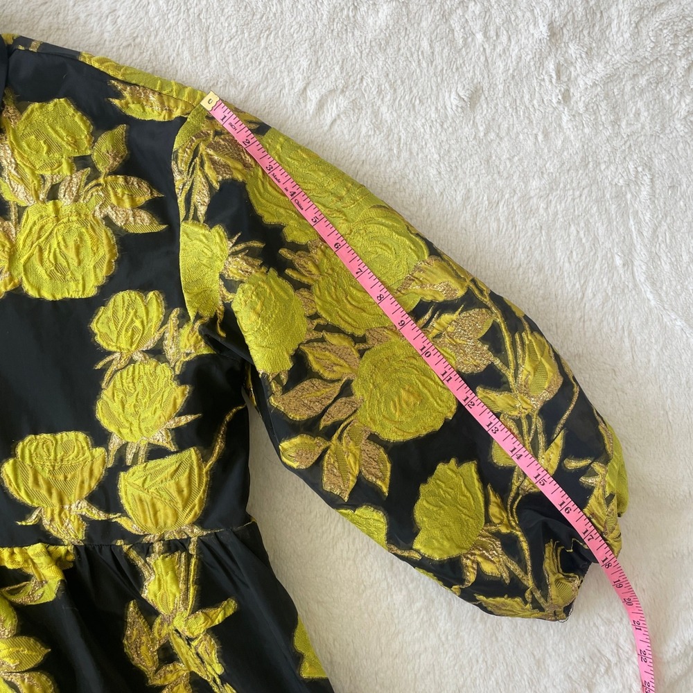 Anthropologie Bettina Jacquard Tiered Mini Shirt Dress Black Gold Floral Medium - Picture 7 of 12